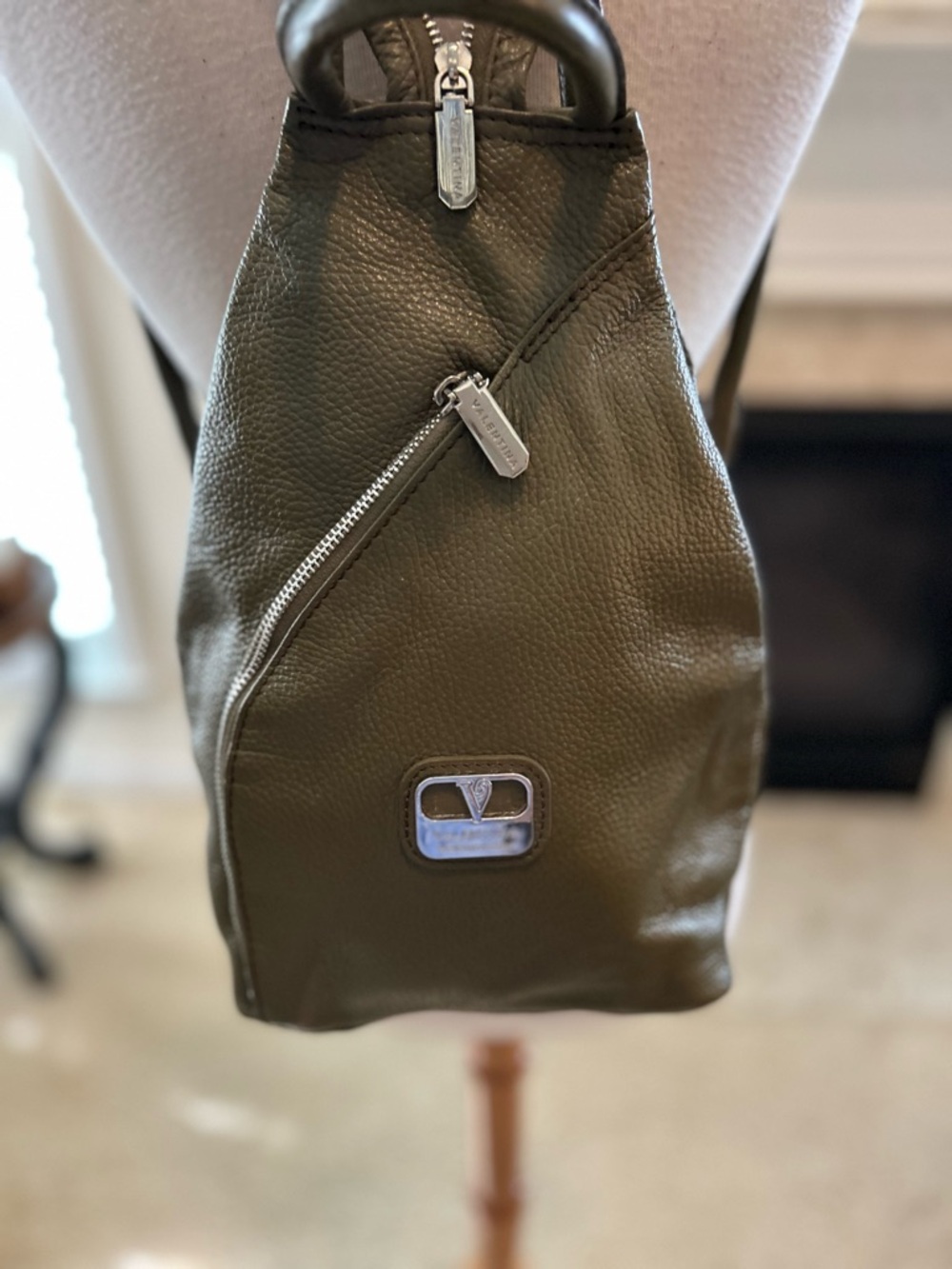 Valentina Olive Green Leather Convertible Sling Backpack - Picture 3 of 15